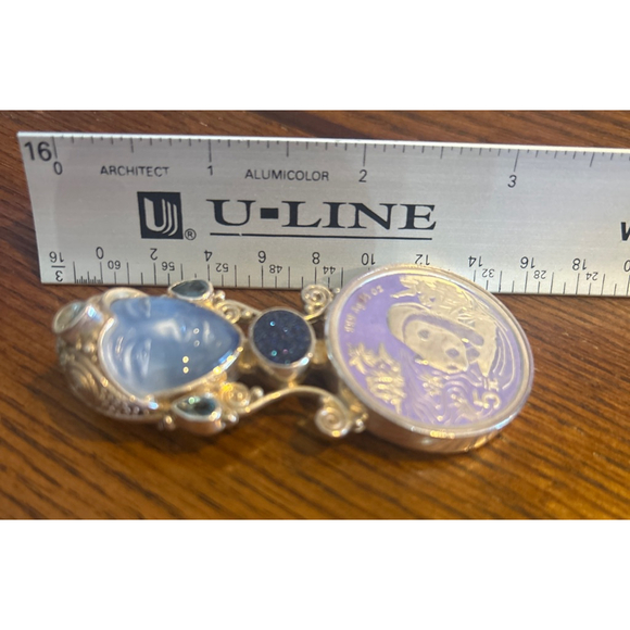 Women's Sajen Silver & Blue Carved Stone Panda Coin Brooch Pendant One Size - Picture 4 of 5